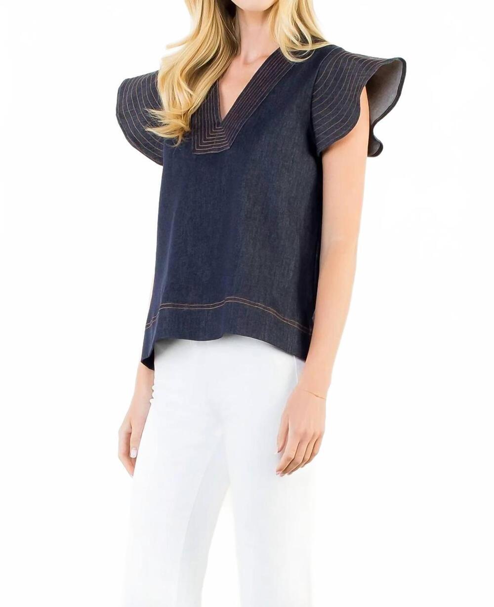 NEW THML short sleeve v-neck denim blouse in blue